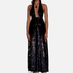 REVOLVE WeWoreWhat Black Sequin Backless Halter Dress Evening Gown